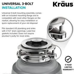 KRAUS WasteGuard High-Speed 3/4 HP Continuous Feed Ultra-Quiet Garbage Disposal with Power Cord - Flange Included