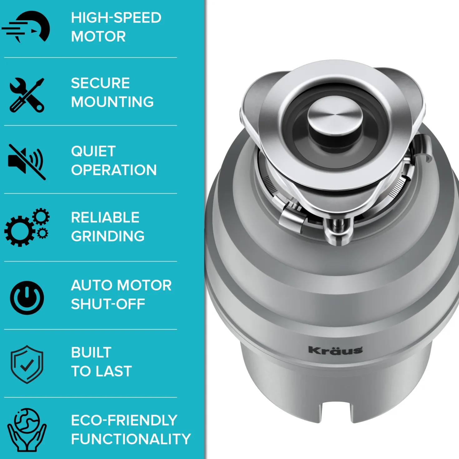 KRAUS WasteGuard High-Speed 3/4 HP Continuous Feed Ultra-Quiet Garbage Disposal with Power Cord - Flange Included
