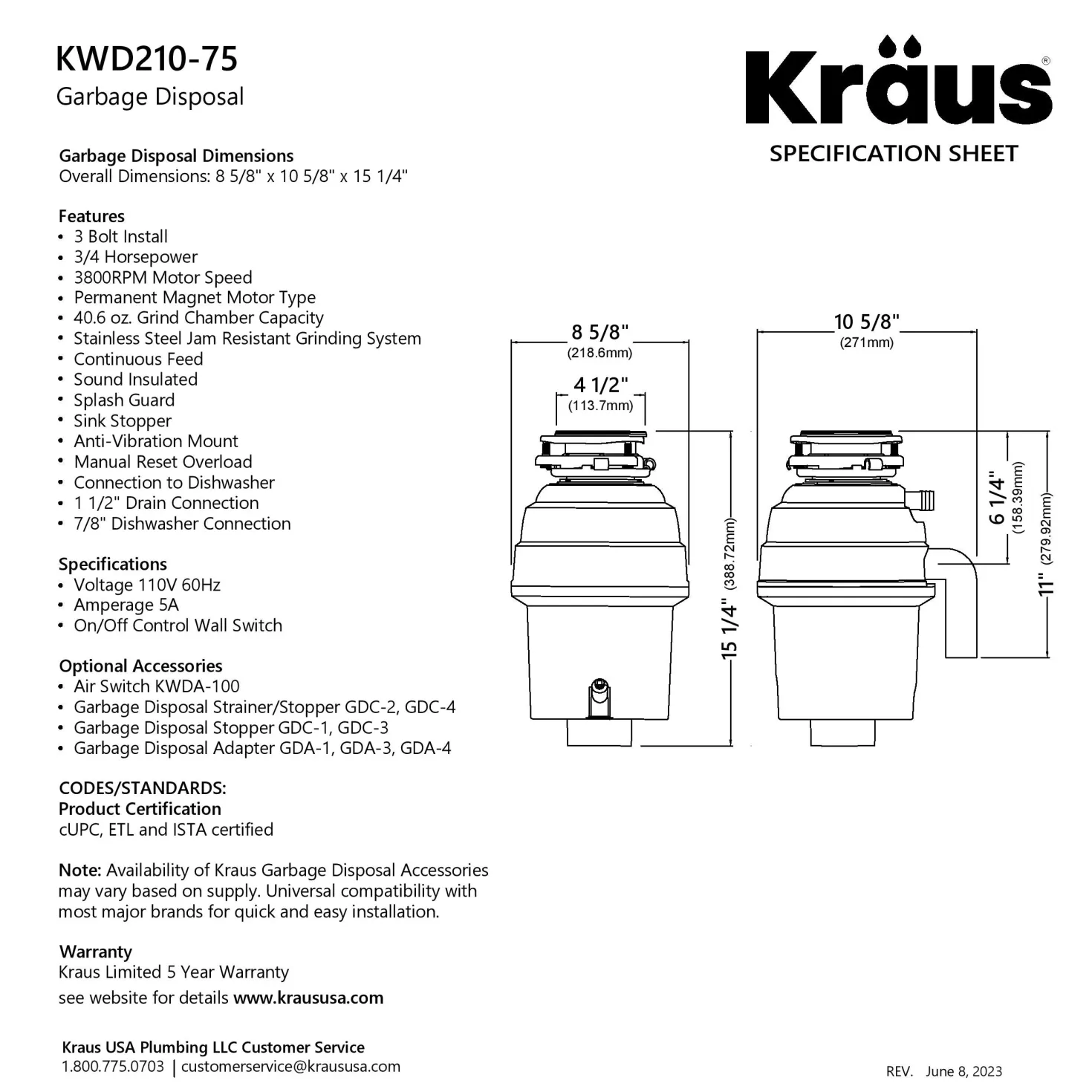 KRAUS WasteGuard High-Speed 3/4 HP Continuous Feed Ultra-Quiet Garbage Disposal with Power Cord - Flange Included