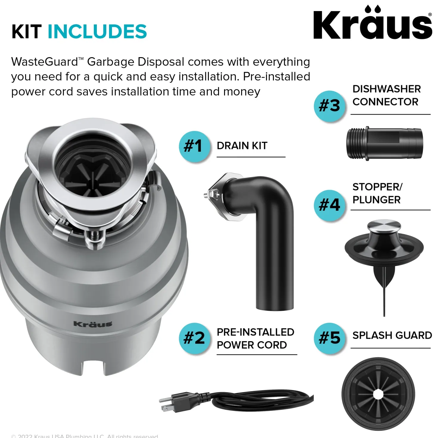 KRAUS WasteGuard High-Speed 3/4 HP Continuous Feed Ultra-Quiet Garbage Disposal with Power Cord - Flange Included