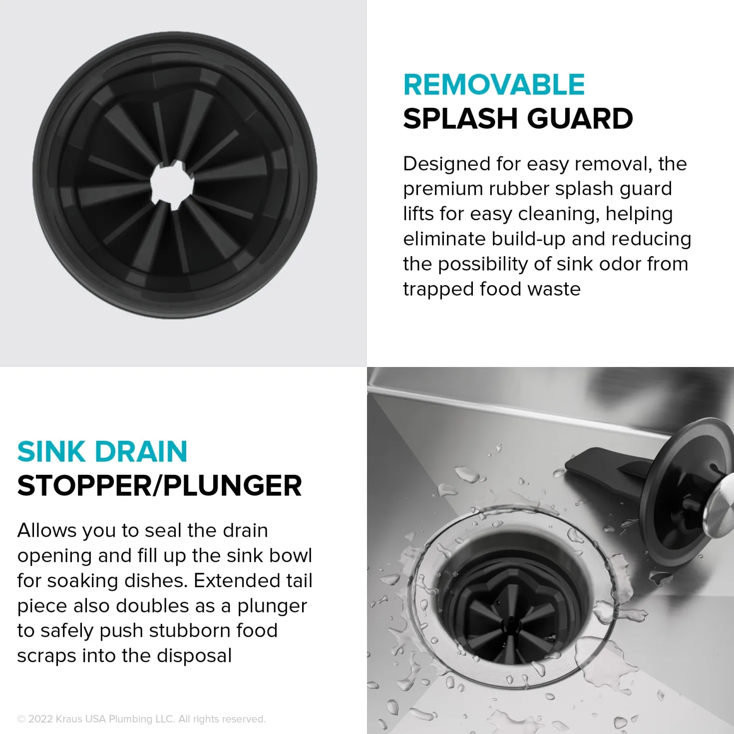 KRAUS WasteGuard High-Speed 3/4 HP Continuous Feed Ultra-Quiet Garbage Disposal with Power Cord - Flange Included