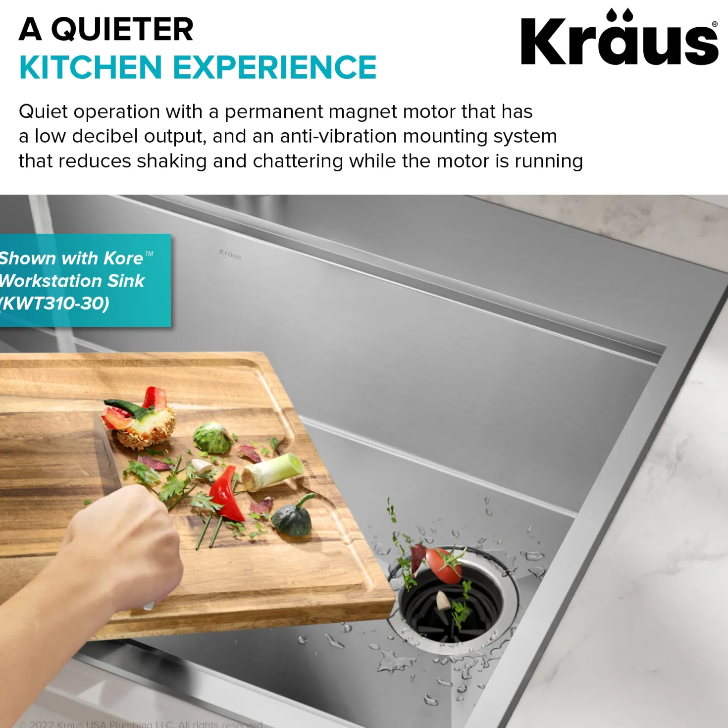 KRAUS WasteGuard High-Speed 3/4 HP Continuous Feed Ultra-Quiet Garbage Disposal with Power Cord - Flange Included