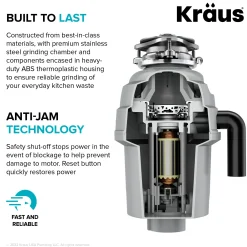 KRAUS WasteGuard High-Speed 3/4 HP Continuous Feed Ultra-Quiet Garbage Disposal with Power Cord - Flange Included