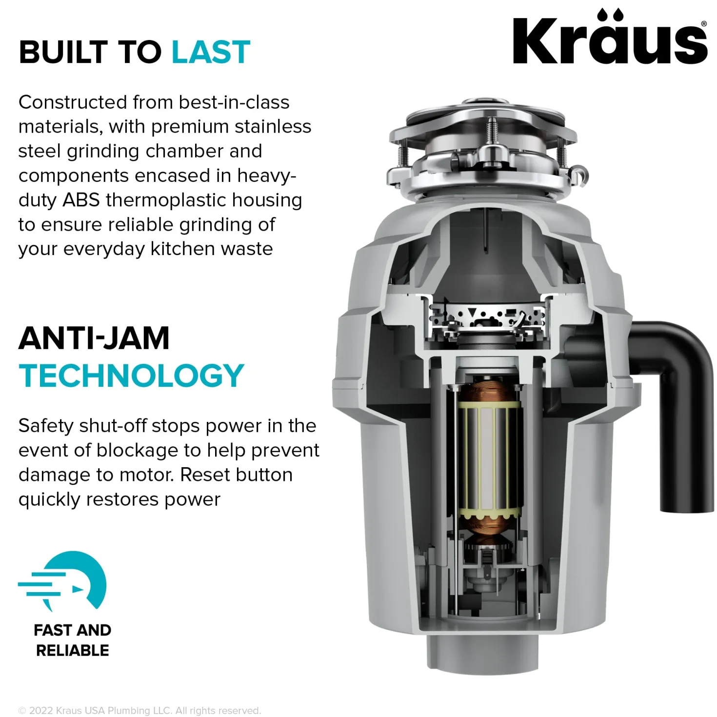 KRAUS WasteGuard High-Speed 3/4 HP Continuous Feed Ultra-Quiet Garbage Disposal with Power Cord - Flange Included