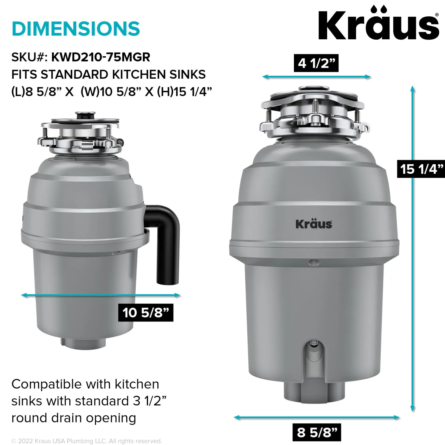 KRAUS WasteGuard High-Speed 3/4 HP Continuous Feed Ultra-Quiet Garbage Disposal with Power Cord - Flange Included
