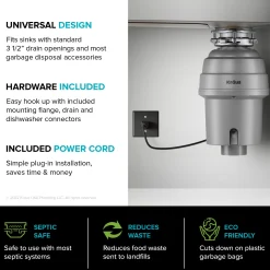 KRAUS WasteGuard High-Speed 3/4 HP Continuous Feed Ultra-Quiet Garbage Disposal with Power Cord - Flange Included