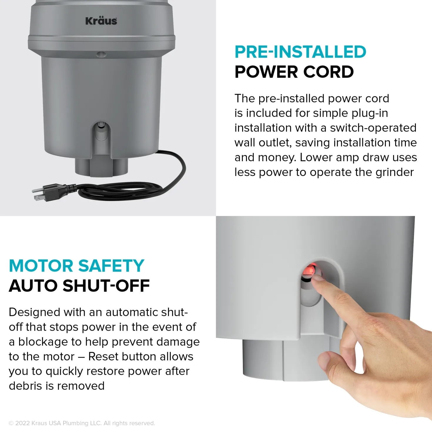 KRAUS WasteGuard High-Speed 3/4 HP Continuous Feed Ultra-Quiet Garbage Disposal with Power Cord - Flange Included