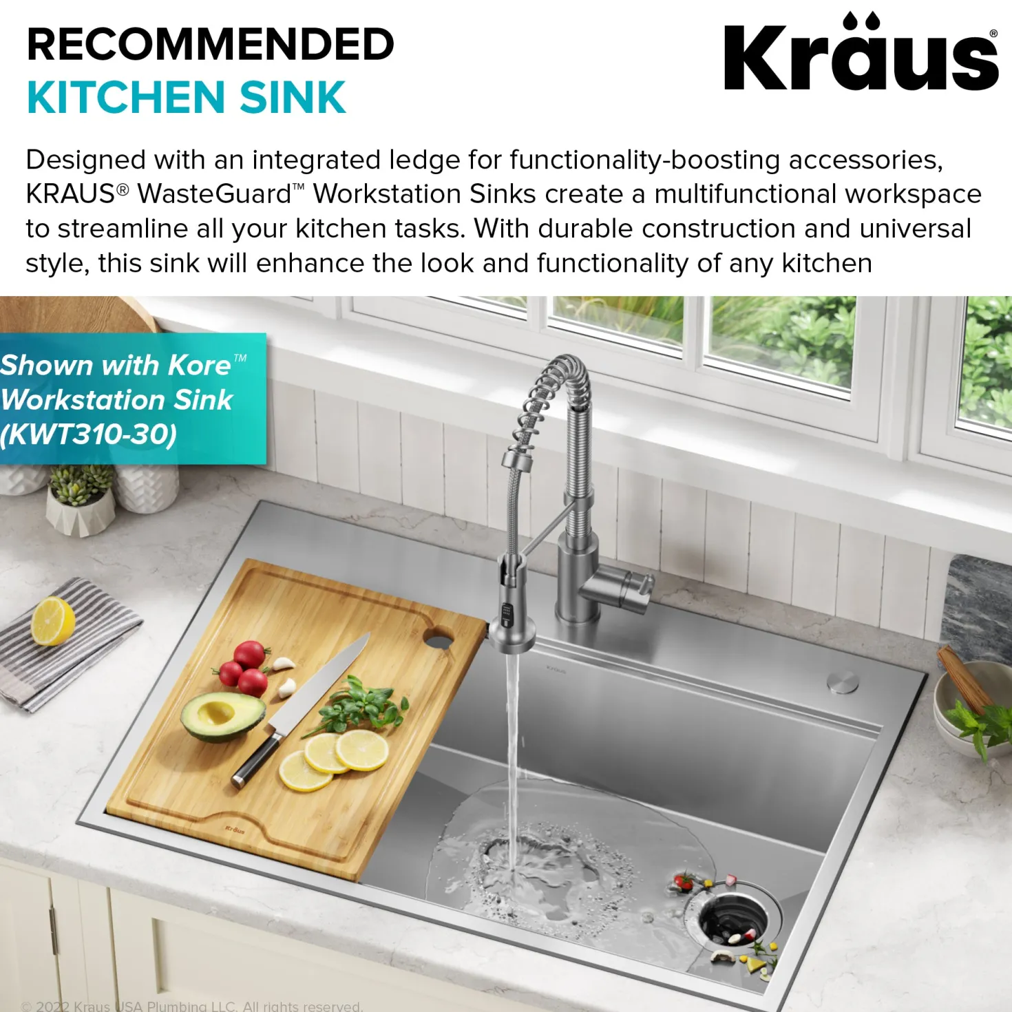 KRAUS WasteGuard High-Speed 3/4 HP Continuous Feed Ultra-Quiet Garbage Disposal with Power Cord - Flange Included