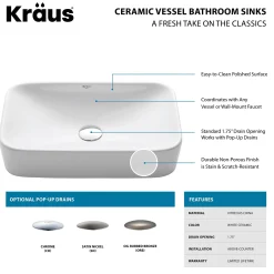 KRAUS White Rectangular Ceramic Bathroom Sink with Pop Up Drain