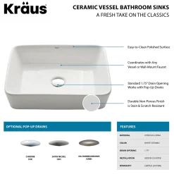 KRAUS White Rectangular Ceramic Bathroom Sink with Pop Up Drain