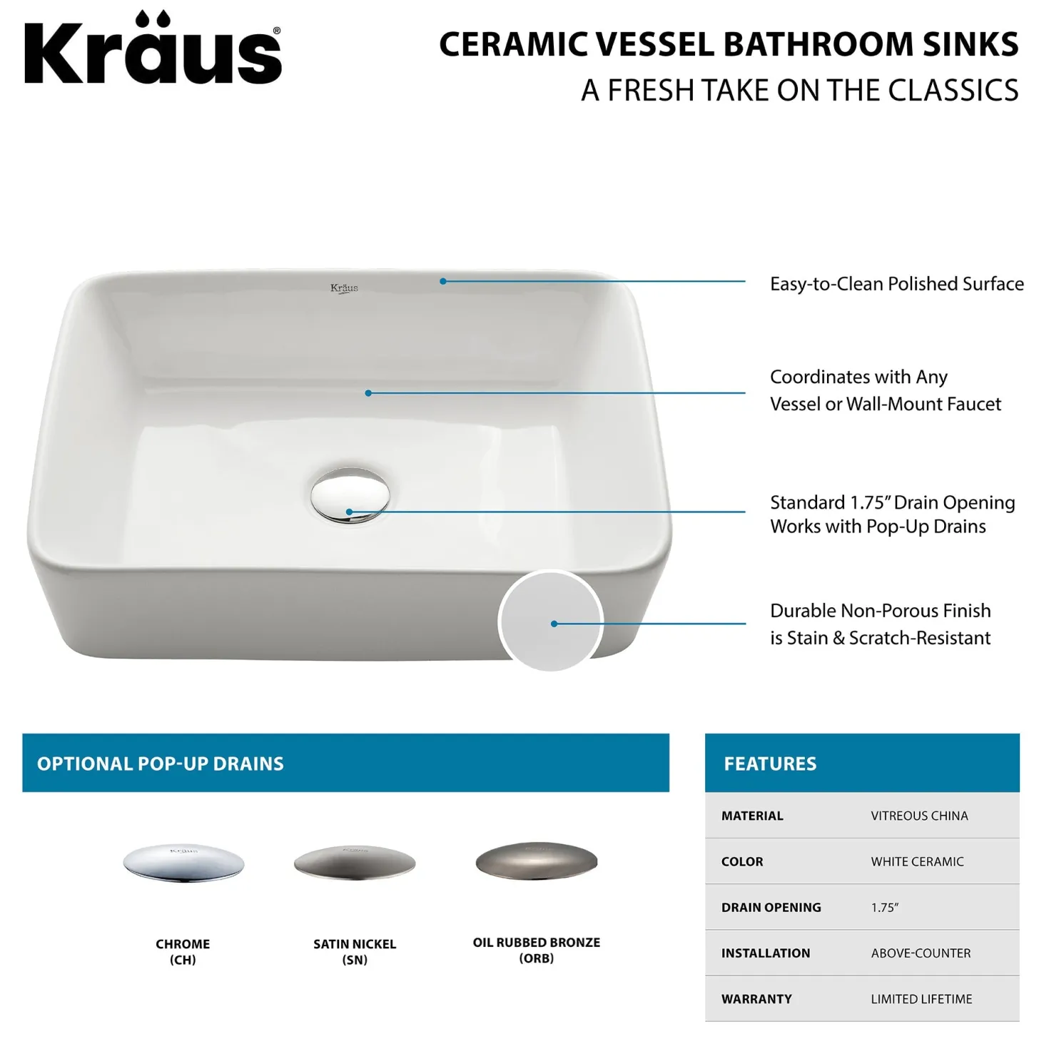 KRAUS White Rectangular Ceramic Bathroom Sink with Pop Up Drain