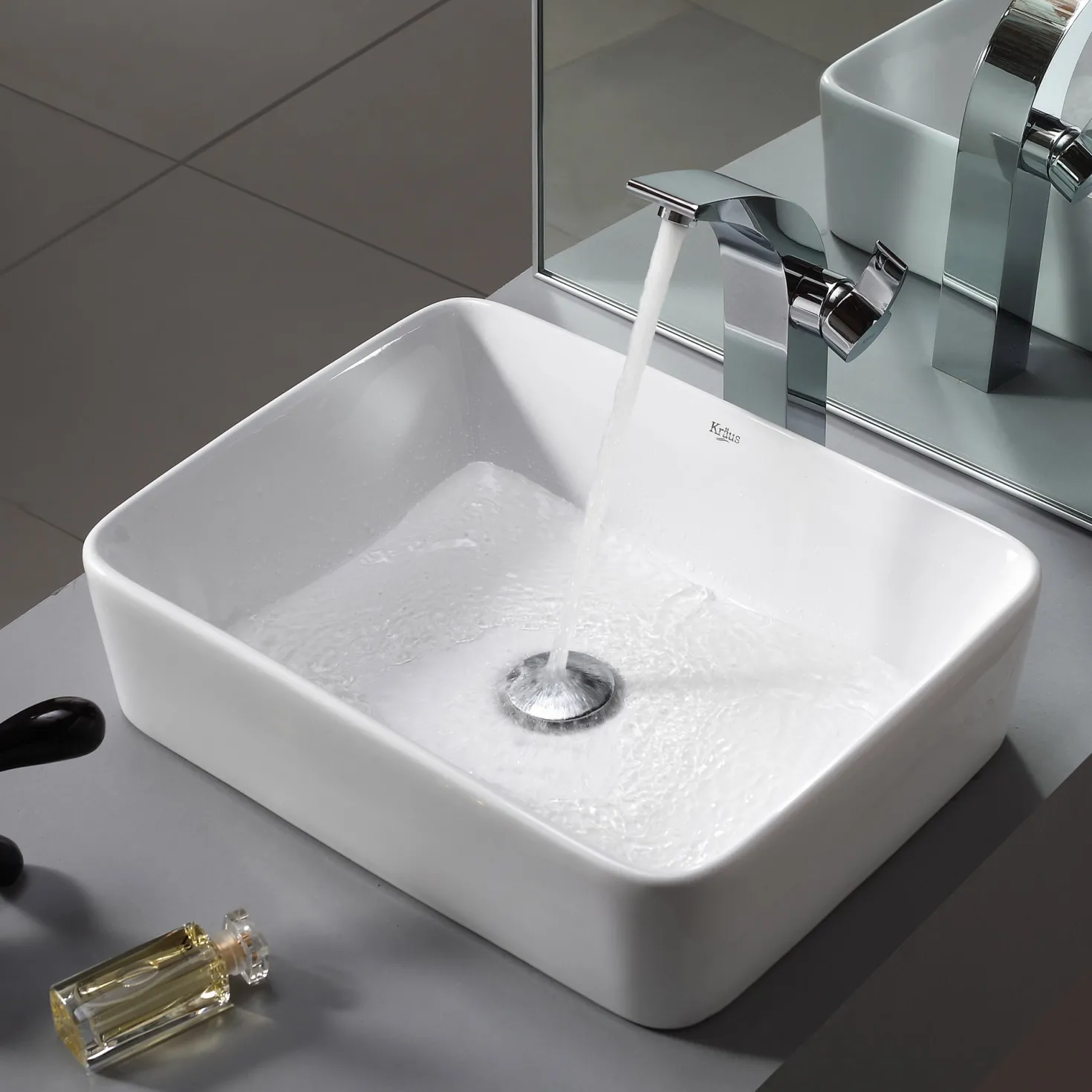 KRAUS White Rectangular Ceramic Bathroom Sink with Pop Up Drain