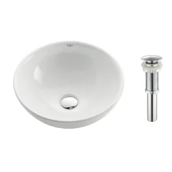 KRAUS White Round Ceramic Bathroom Sink with Pop Up Drain