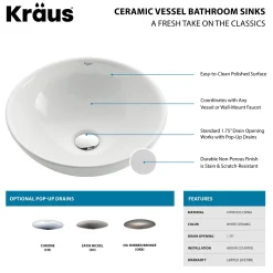 KRAUS White Round Ceramic Bathroom Sink with Pop Up Drain