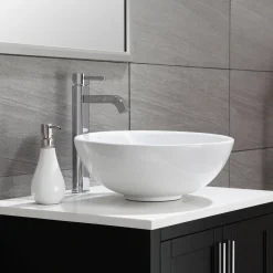 KRAUS White Round Ceramic Bathroom Sink with Pop Up Drain