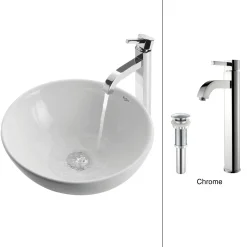 KRAUS White Round Ceramic Sink and Ramus Faucet