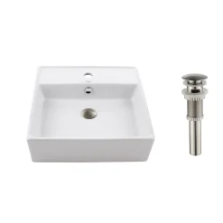 KRAUS White Square Ceramic Bathroom Sink and Pop Up Drain with Overflow