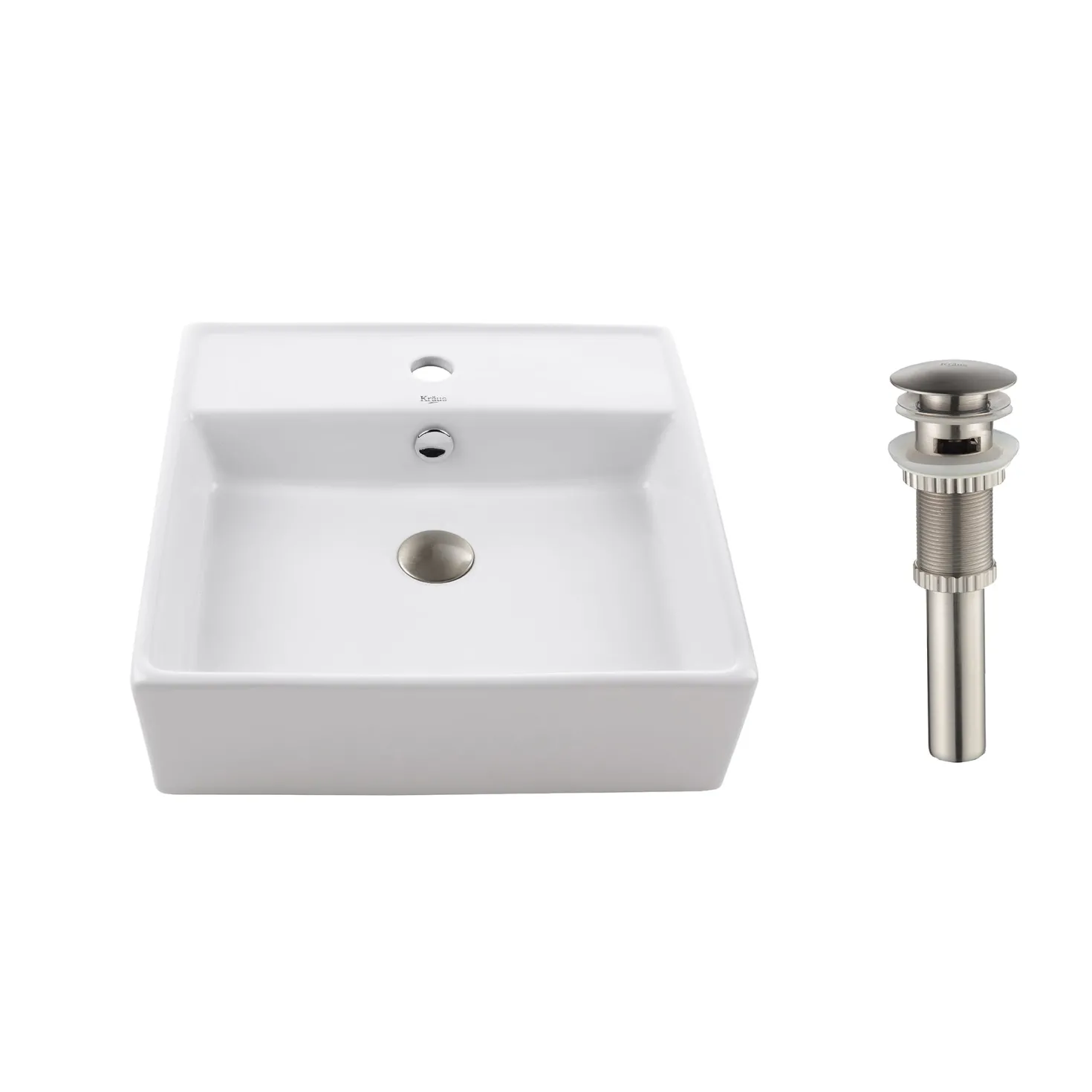 KRAUS White Square Ceramic Bathroom Sink and Pop Up Drain with Overflow