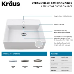 KRAUS White Square Ceramic Bathroom Sink and Pop Up Drain with Overflow