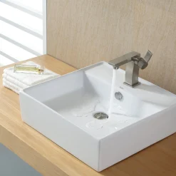 KRAUS White Square Ceramic Bathroom Sink and Pop Up Drain with Overflow