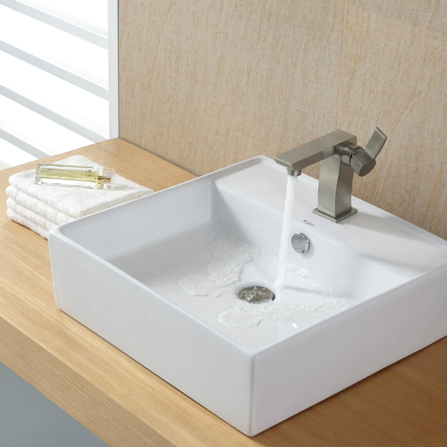 KRAUS White Square Ceramic Bathroom Sink and Pop Up Drain with Overflow