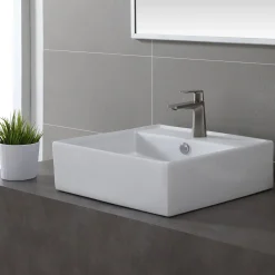 KRAUS White Square Ceramic Bathroom Sink and Pop Up Drain with Overflow