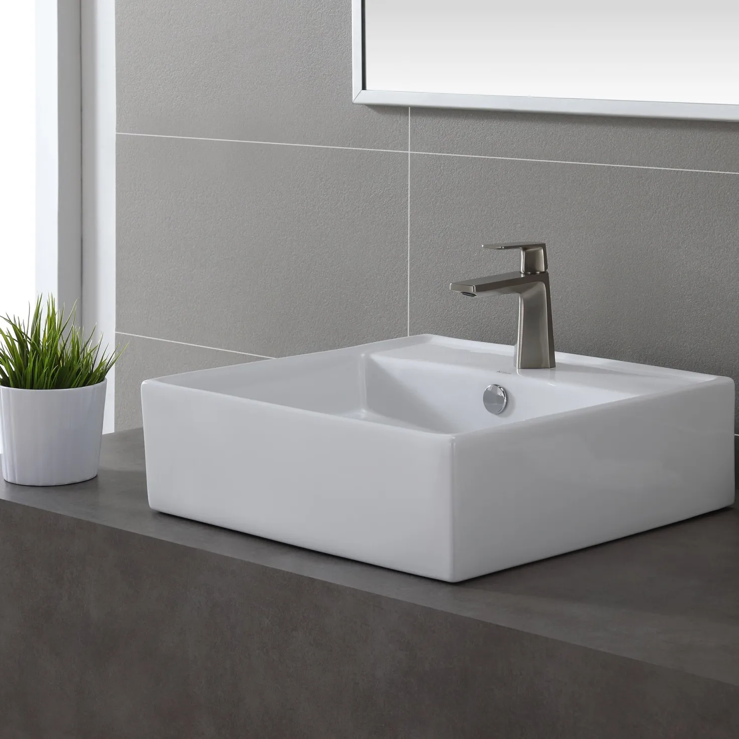 KRAUS White Square Ceramic Bathroom Sink and Pop Up Drain with Overflow