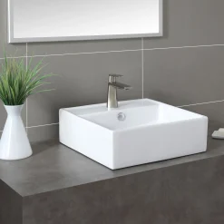 KRAUS White Square Ceramic Bathroom Sink and Pop Up Drain with Overflow