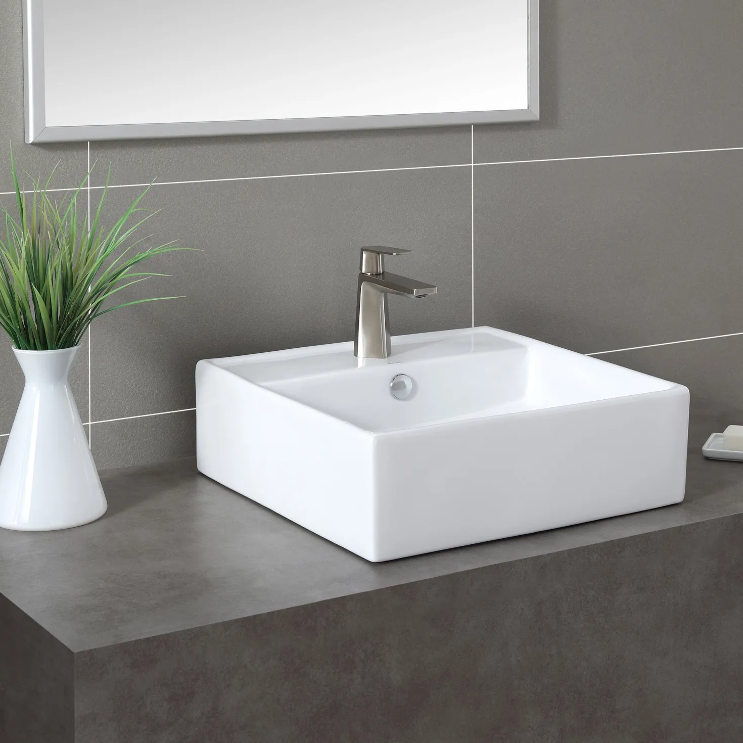 KRAUS White Square Ceramic Bathroom Sink and Pop Up Drain with Overflow