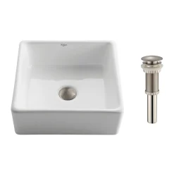 KRAUS White Square Ceramic Bathroom Sink with Pop Up Drain Chrome