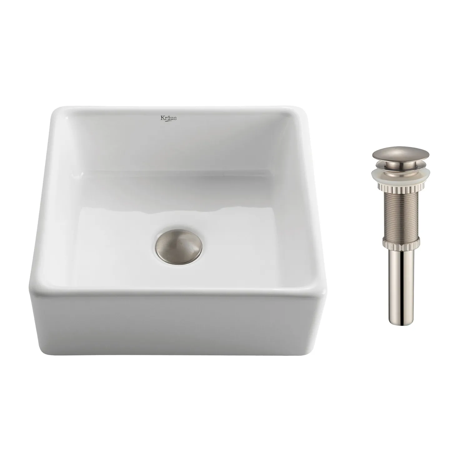 KRAUS White Square Ceramic Bathroom Sink with Pop Up Drain Chrome