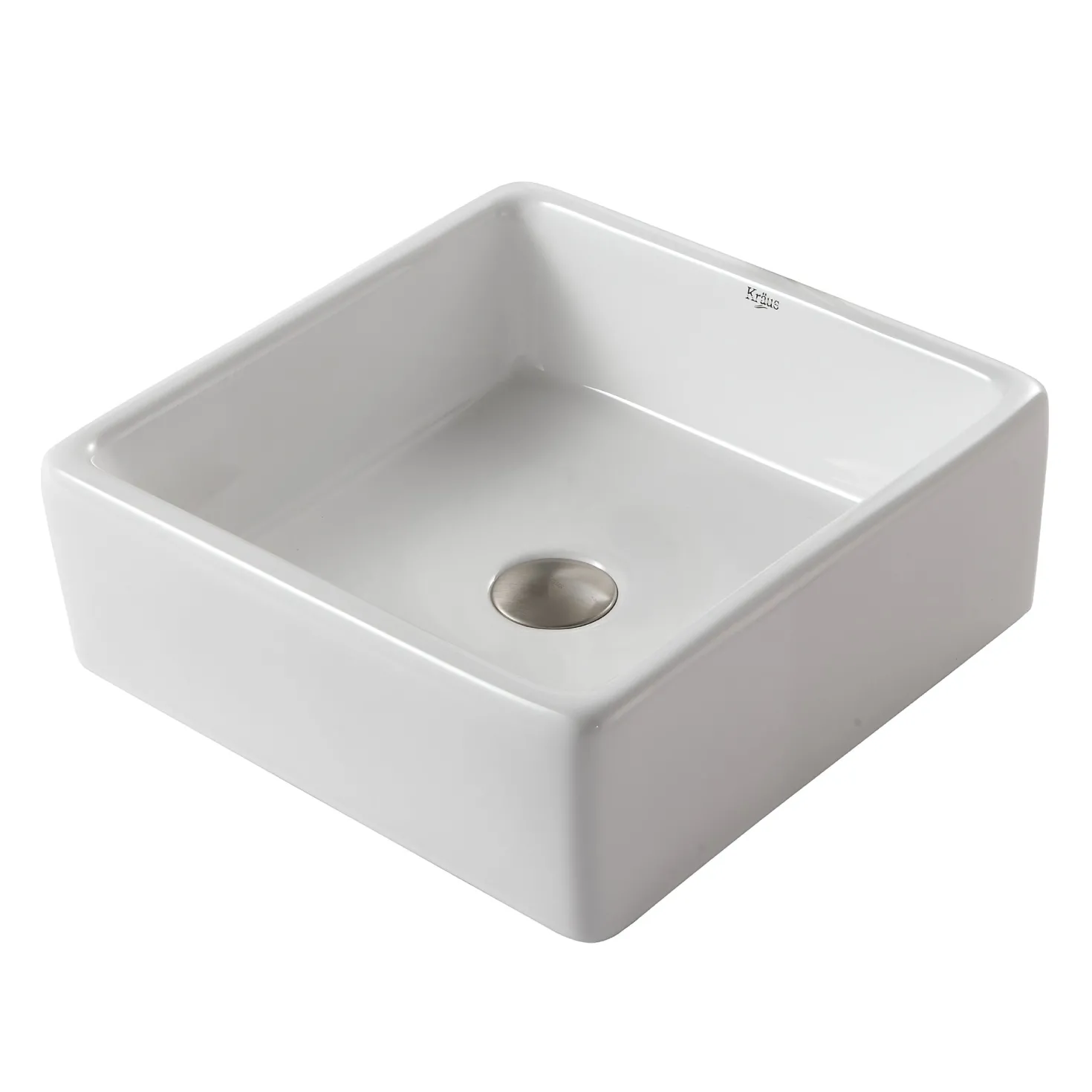 KRAUS White Square Ceramic Bathroom Sink with Pop Up Drain Chrome