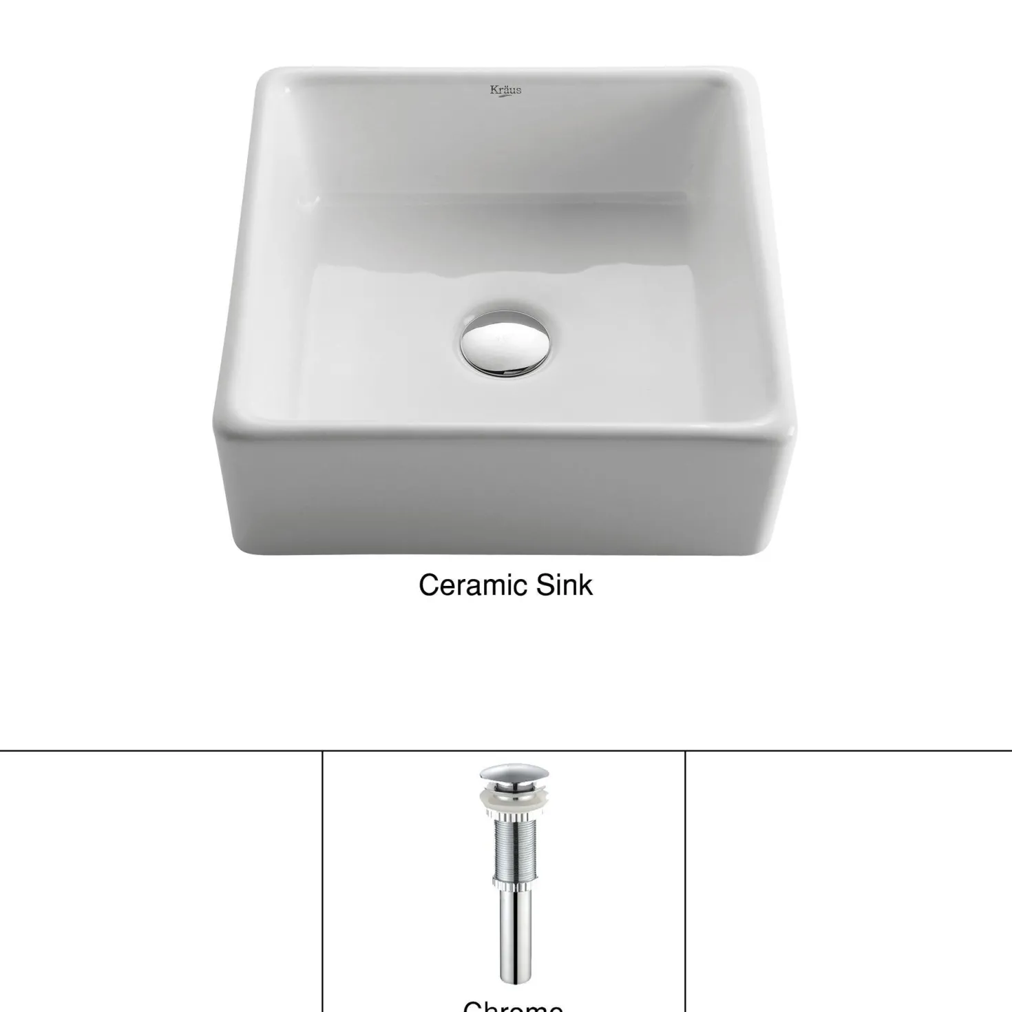 KRAUS White Square Ceramic Bathroom Sink with Pop Up Drain Chrome