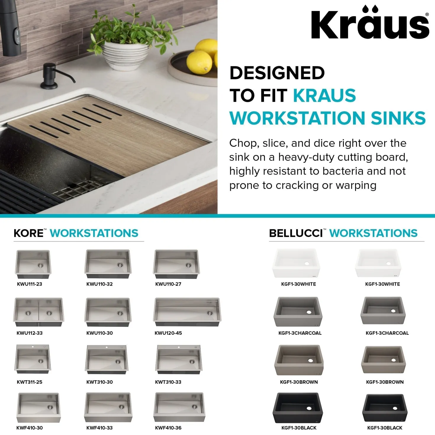 KRAUS Workstation Kitchen Sink Wood Grain Composite Cutting Board