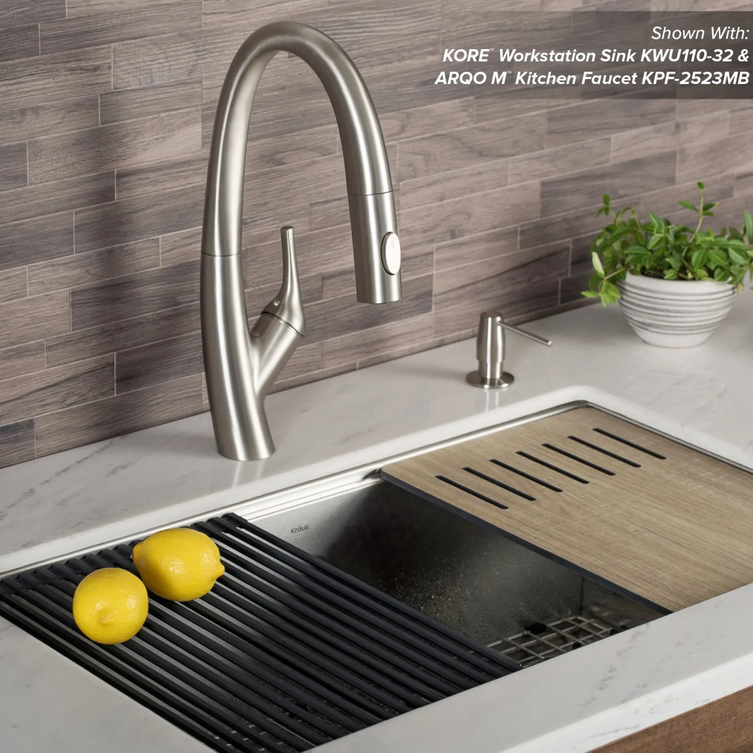 KRAUS Workstation Kitchen Sink Wood Grain Composite Cutting Board