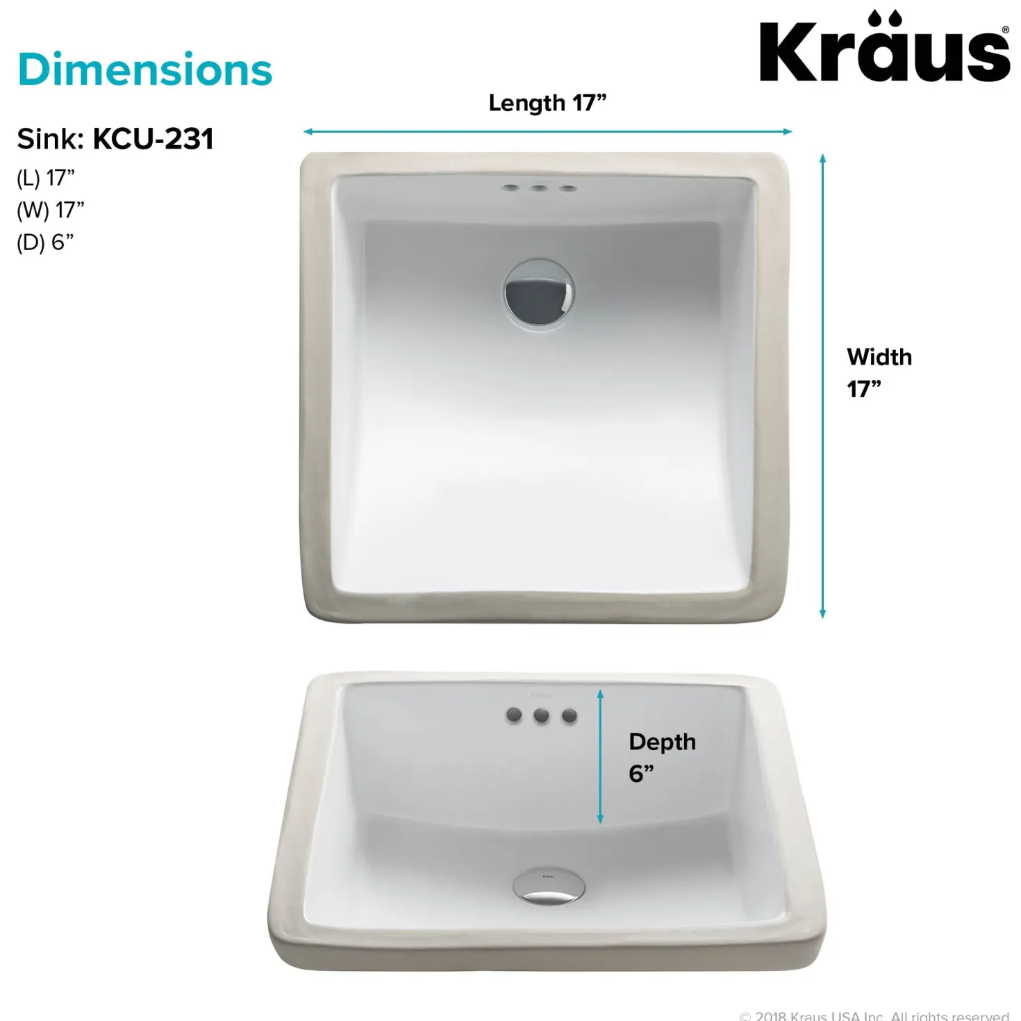 KRAUS 17" x 17" Ceramic Undermount Bathroom Sink in White with Overflow