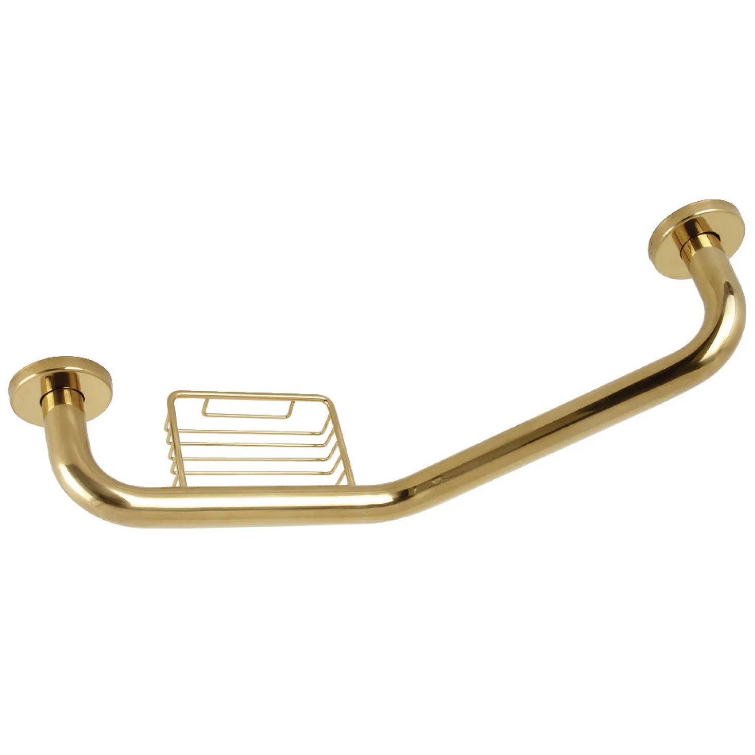 Meridian 10" x 12" Angled Stainless Steel Grab Bar with Soap Dish in Polished Brass