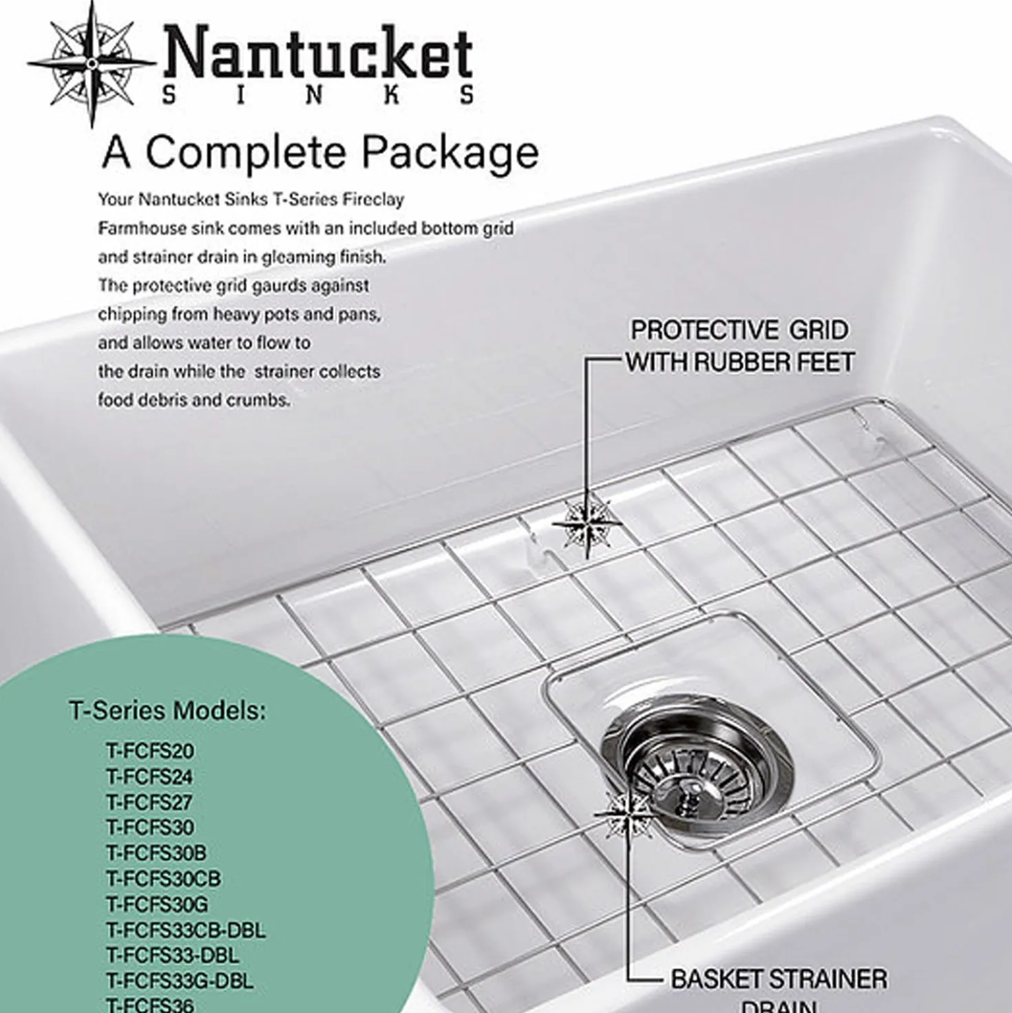 Nantucket Sinks 36" Double Bowl Farmhouse Fireclay Sink with Drains and Grids