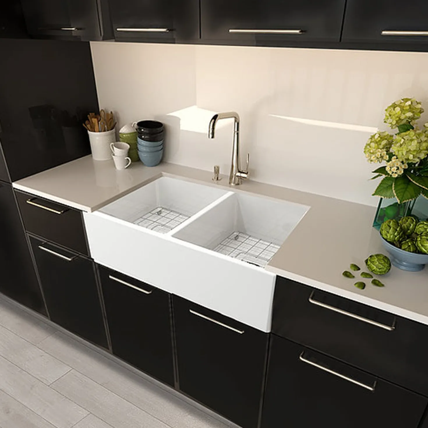 Nantucket Sinks 36" Double Bowl Farmhouse Fireclay Sink with Drains and Grids