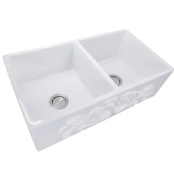 Nantucket Sinks Double Bowl Farmhouse Fireclay Sink with Filigree Apron