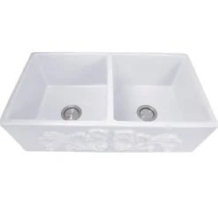 Nantucket Sinks Double Bowl Farmhouse Fireclay Sink with Filigree Apron