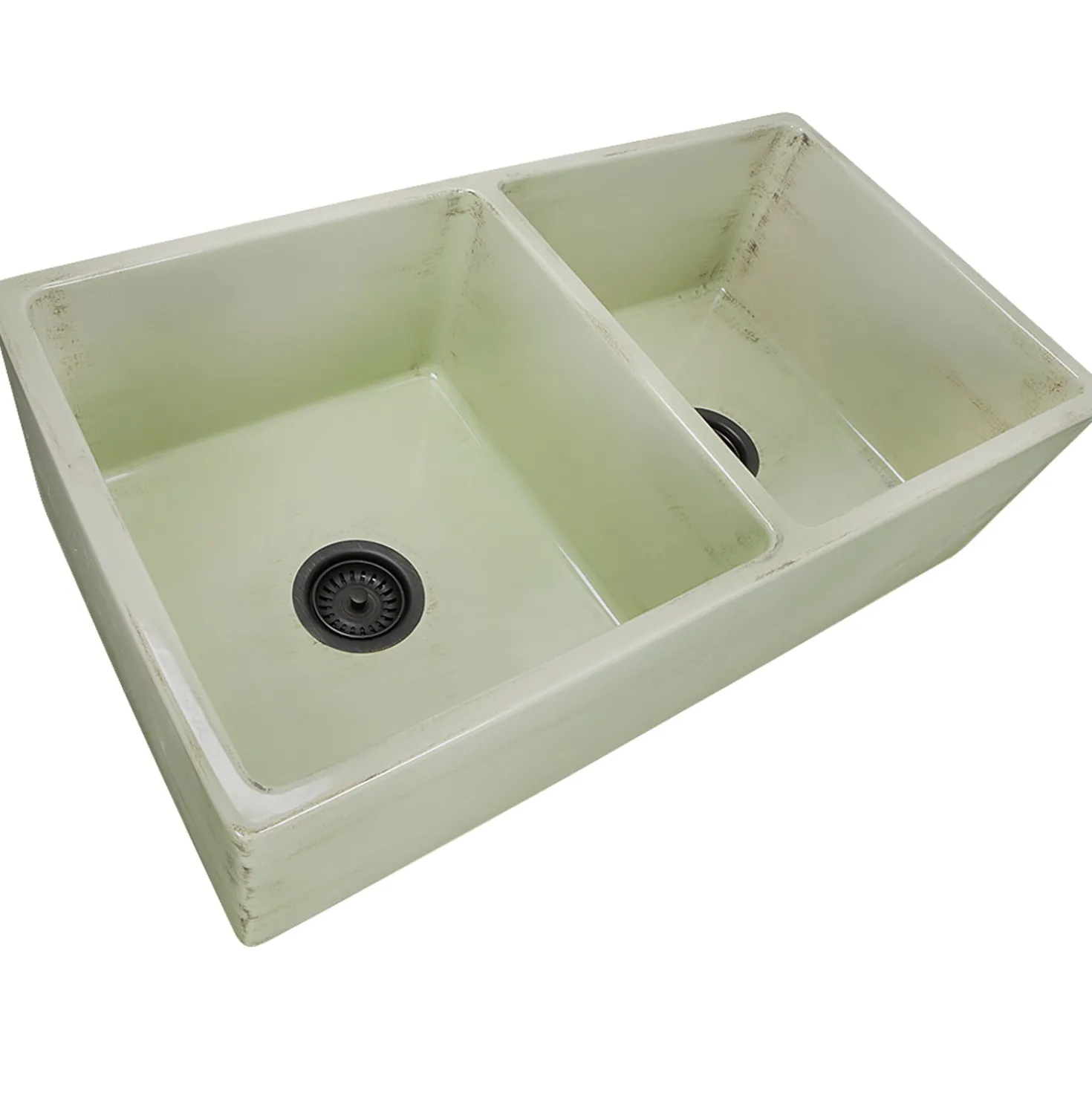 Nantucket Sinks Double Bowl Farmhouse Fireclay Sink with Shabby Green Finish