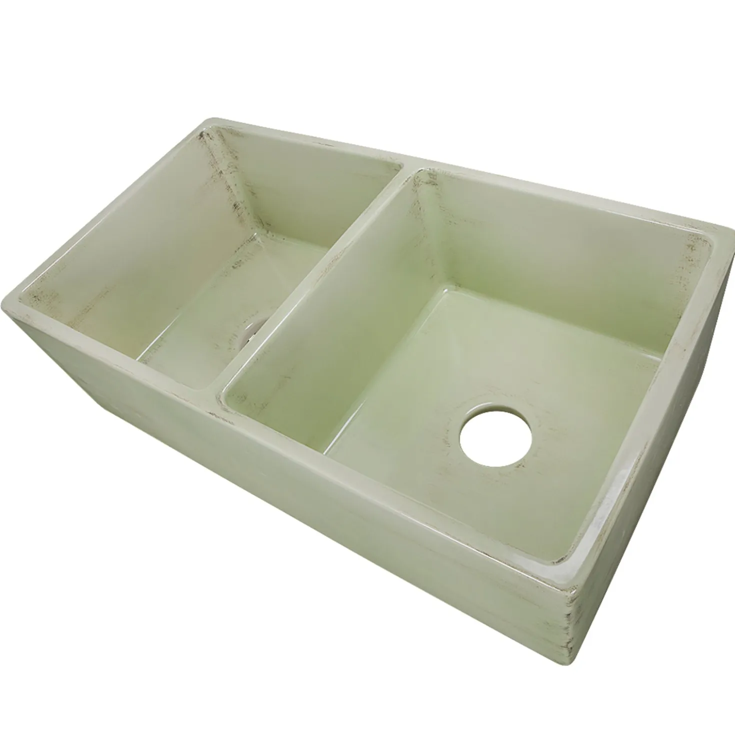 Nantucket Sinks Double Bowl Farmhouse Fireclay Sink with Shabby Green Finish