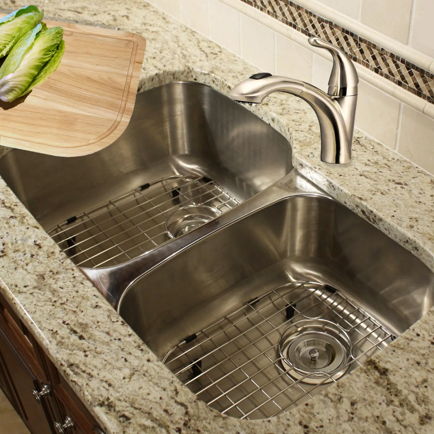 Nantucket Sinks 60/40 Double Bowl 16 Gauge Kitchen Sink with Cutting Board, Grids and Colander Drains