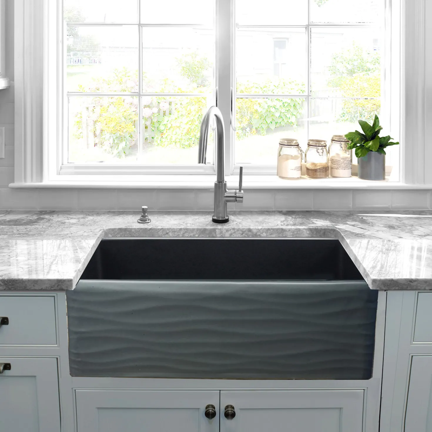 Nantucket Sinks 33" Farmhouse Fireclay Sink with Waves Apron