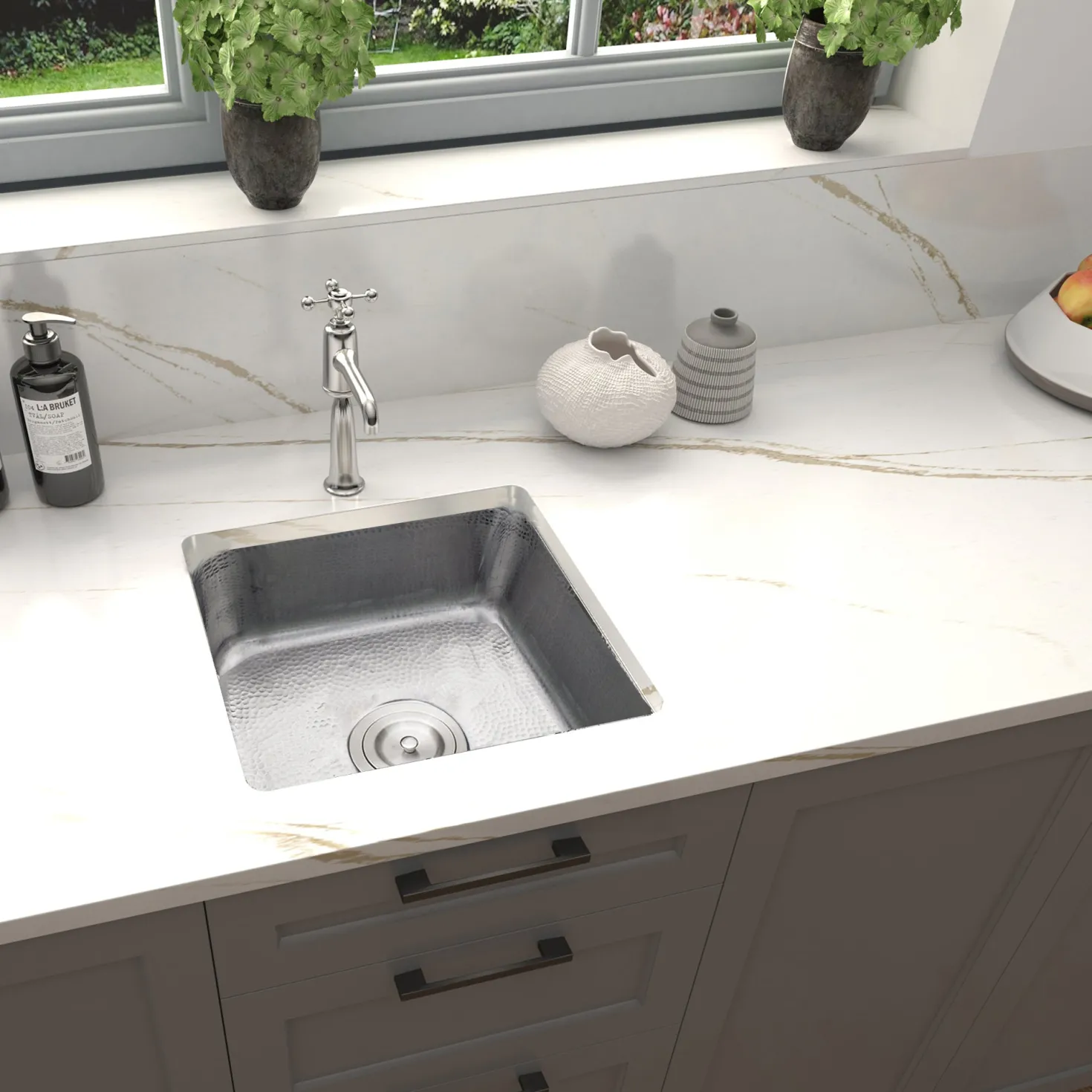 Nantucket Sinks 16 1/2" Square Hammered Satin Matte Finish Stainless Bar Sink