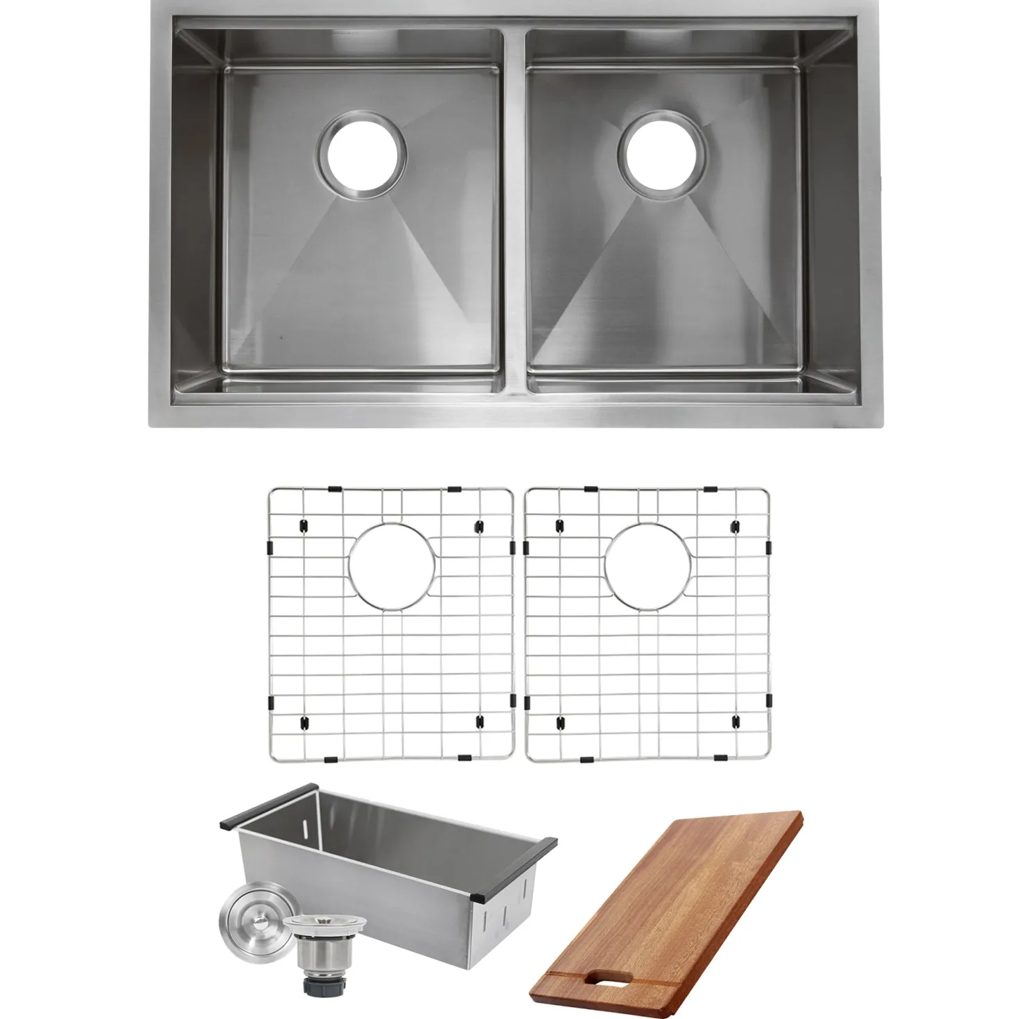 Nantucket Sinks SR-PS-3219-DE-16 Double Equal Workstation Small Radius Undermount Stainless Sink with Accessories