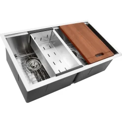 Nantucket Sinks SR-PS-3219-DE-16 Double Equal Workstation Small Radius Undermount Stainless Sink with Accessories