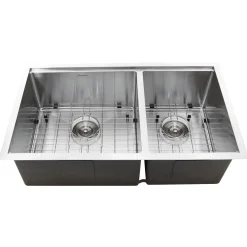 Nantucket Sinks SR-PS-3219-OS-16 Offset Double Bowl Workstation Small Radius Undermount Stainless Sink with Accessories