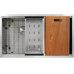 Nantucket Sinks SR-PS-3219-OS-16 Offset Double Bowl Workstation Small Radius Undermount Stainless Sink with Accessories